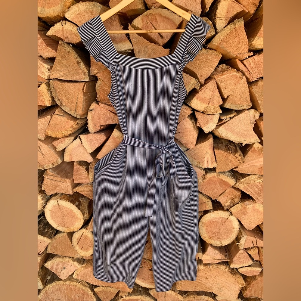 Striped Women’s Small Wide Leg Capri Jumpsuit frill Coastal Country Club Comfort